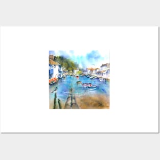 Landscape painting in watercolour of the harbour at Polperro Posters and Art